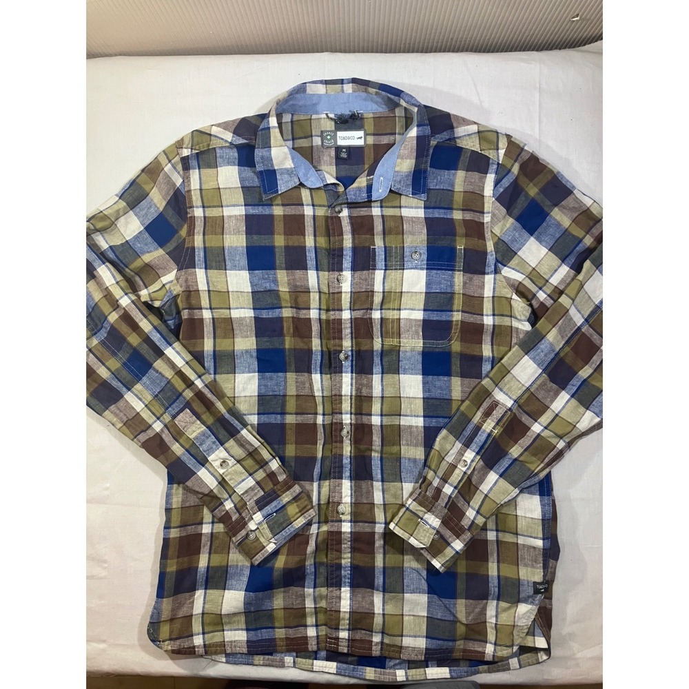 Toad&Co Mens Medium Insect Shield Linen Blend Plaid Button Down Shirt Blue Brown